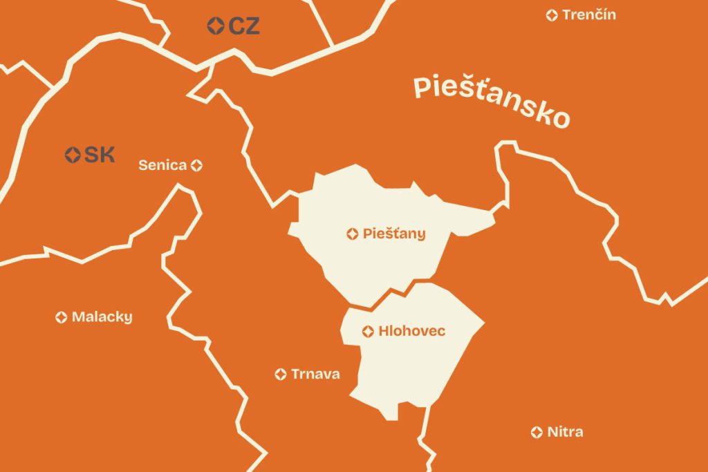 Mapa regiónu Piešťansko na západnom Slovensku