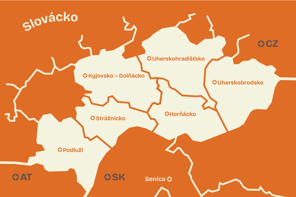 Mapa regiónu Slovácko v Českej republike s vyznačenými podregiónmi